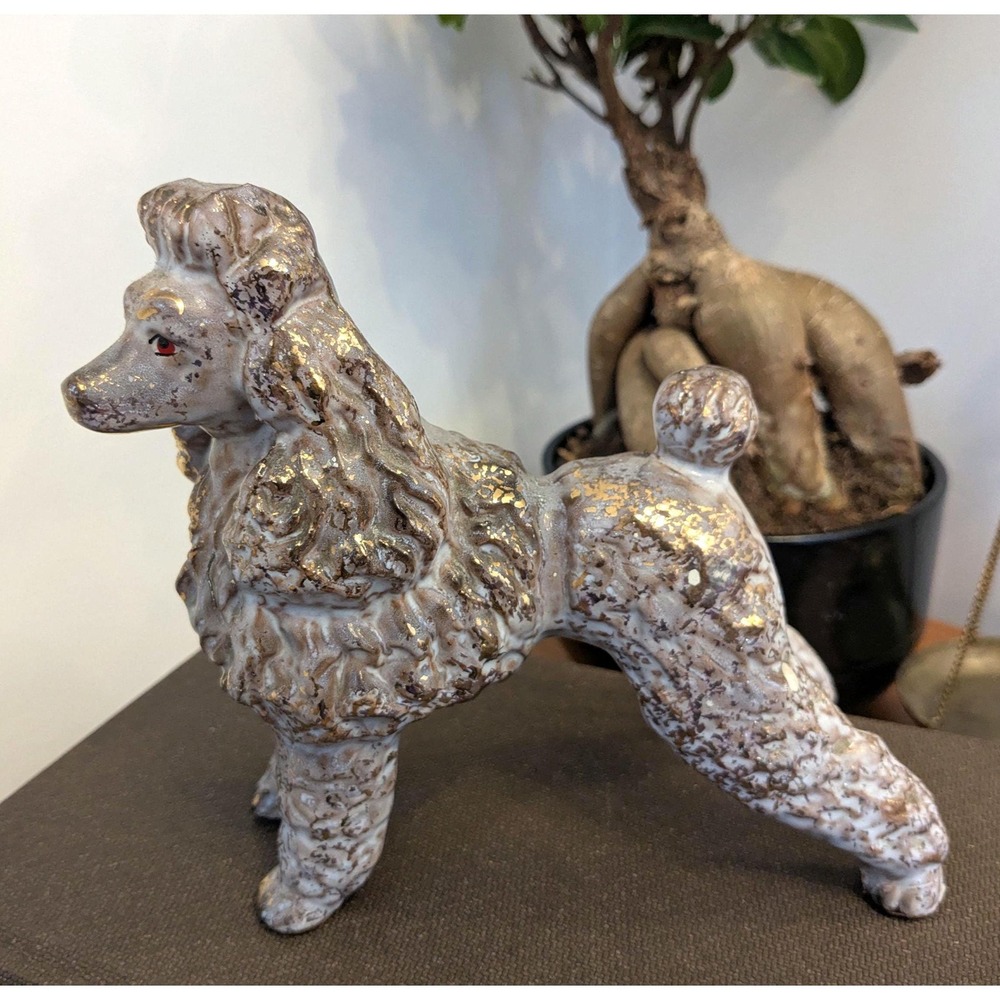 Vintage Poodle Figurine with Gold Accents – Mid Century Ceramic Dog Statue